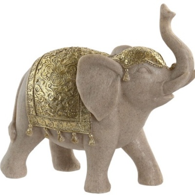 Figura decorativa de elefante castanha clara com manto dourado