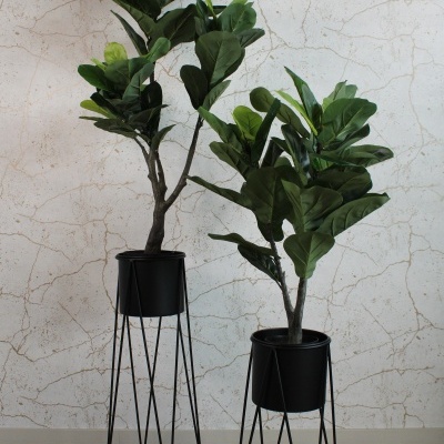 Dois vasos com plantas verdes em suportes metálicos pretos sobre chão de madeira clara