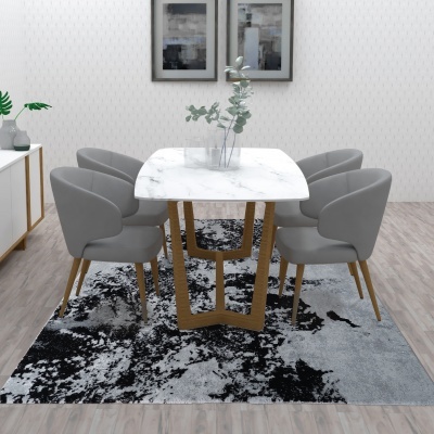 Sala de jantar com mesa de tampo branco marmoreado, seis cadeiras cinzentas, tapete cinzento e preto, aparador branco e duas molduras abstratas.