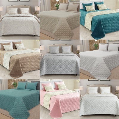 Nove conjuntos de roupa de cama acolchoada em várias cores e padrões em quartos simulados.