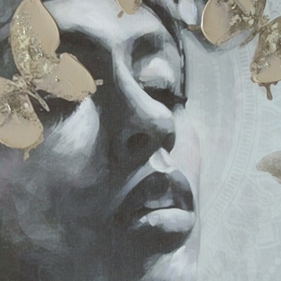 Pintura artística de rosto feminino em perfil com borboletas douradas 3D