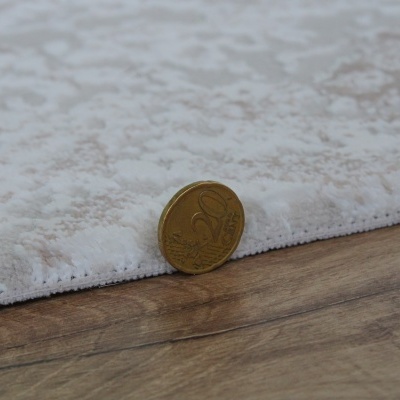 Tapete branco texturizado com moeda dourada de 20 centavos em cima de chão de madeira