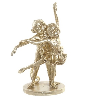 Estátua metálica dourada de dois macacos dançarinos em pose clássica com saia tutu