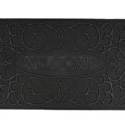 Tapete de entrada preto com padrão decorativo em relevo e texto WELCOME