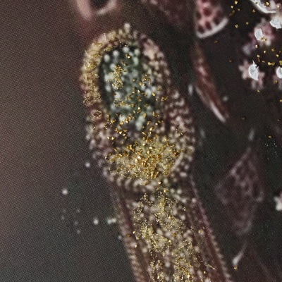 Manga bordada em tecido com padrão tradicional dourado e rosa