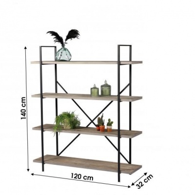 Estante de madeira clara e estrutura metálica preta com vasos decorativos e plantas