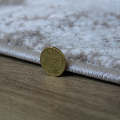 Moeda de 20 cêntimos ao lado da borda de um tapete felpudo claro sobre chão de madeira.