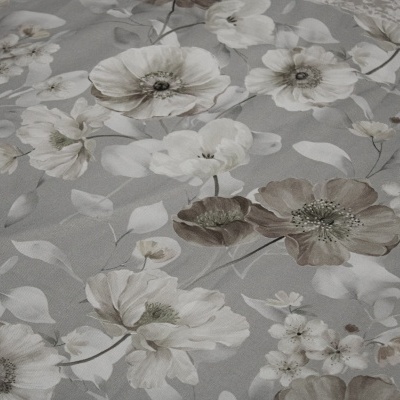 Tecido floral cinzento com flores bege e castanho
