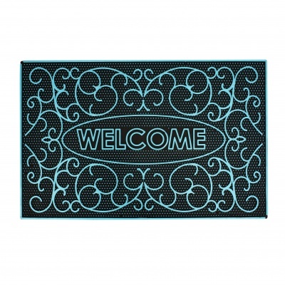 Tapete de entrada preto com desenho ornamental azul e texto WELCOME
