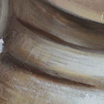 Pormenor de pintura a óleo com flor branca e fundo castanho