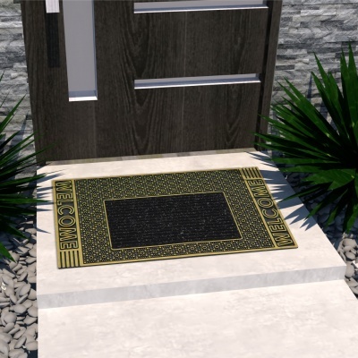 Tapete de entrada com texto WELCOME em frente a porta de madeira escura