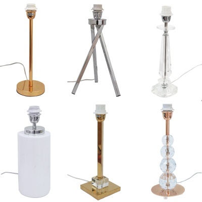 Bases de candeeiros de mesa em metal e vidro com diferentes designs e cores