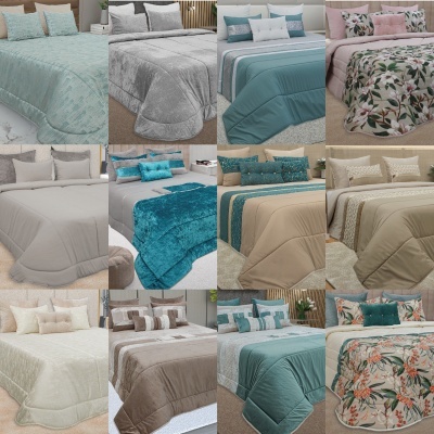 12 camas com diferentes edredons e almofadas coloridas em padrões variados