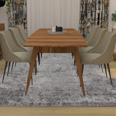 Mesa de jantar em madeira clara com seis cadeiras cinza claro sobre tapete cinza