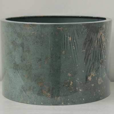 Vaso cerâmico verde escuro com padrão marmoreado em superfície branca