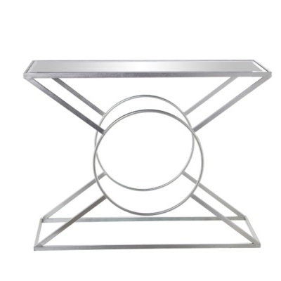 Mesa de apoio metálica prata com tampo de vidro e design geométrico