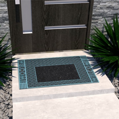 Tapete azulado com texto WELCOME à entrada de porta de madeira escura