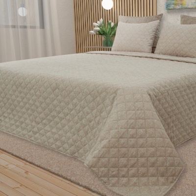 Cama com colcha e almofadas bege matelassadas com padrão de losangos