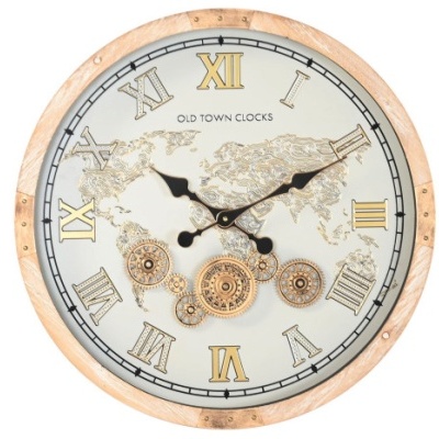 Relógio de parede redondo com números romanos e mapa-múndi decorativo