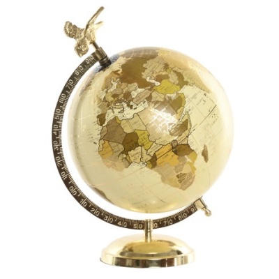 Globo terrestre decorativo com base dourada e pássaro no topo