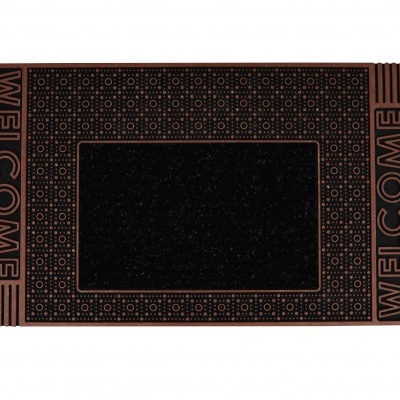Tapete retangular preto com padrão castanho e texto WELCOME