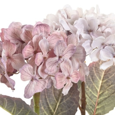 Flores artificiais de hortênsia rosa e branca com folhas verdes