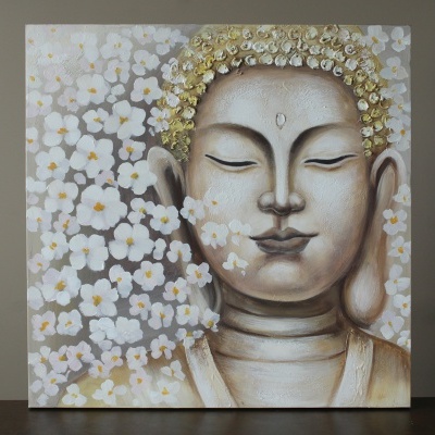 Pintura de Buda com cabelo dourado e flores brancas ao redor