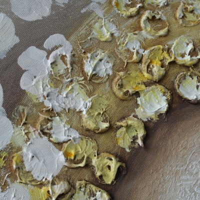 Pintura a óleo com texturas espessas em branco, amarelo e castanho sobre tela