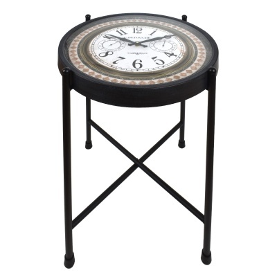 Mesa auxiliar redonda com tampo de relógio e base metálica preta