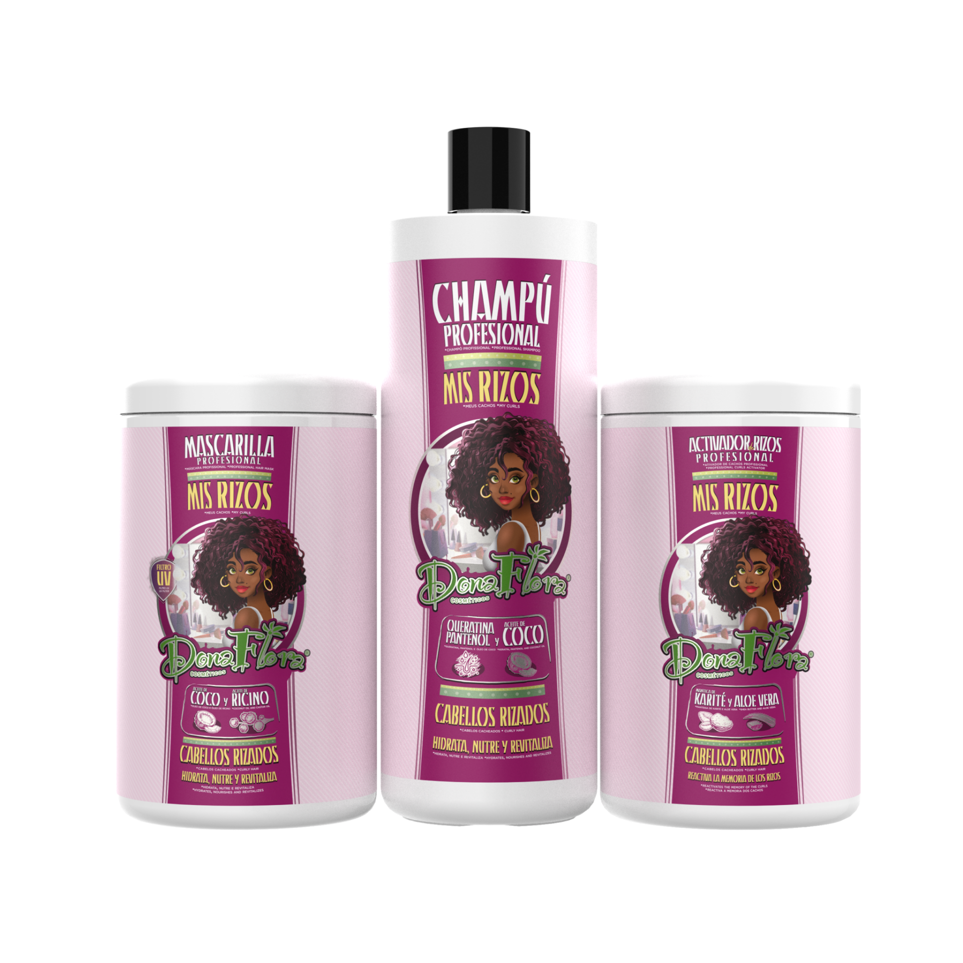 Três produtos para cabelo da marca 'Dunas Flor' cor-de-rosa para cabelos ruivos com coco.