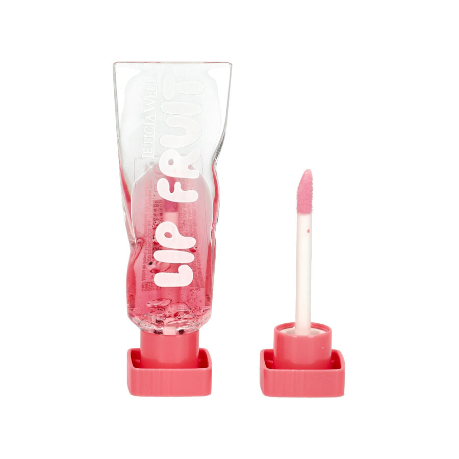 Gloss labial Lip Fruit em embalagem transparente com tampa rosa e aplicador esponja rosa