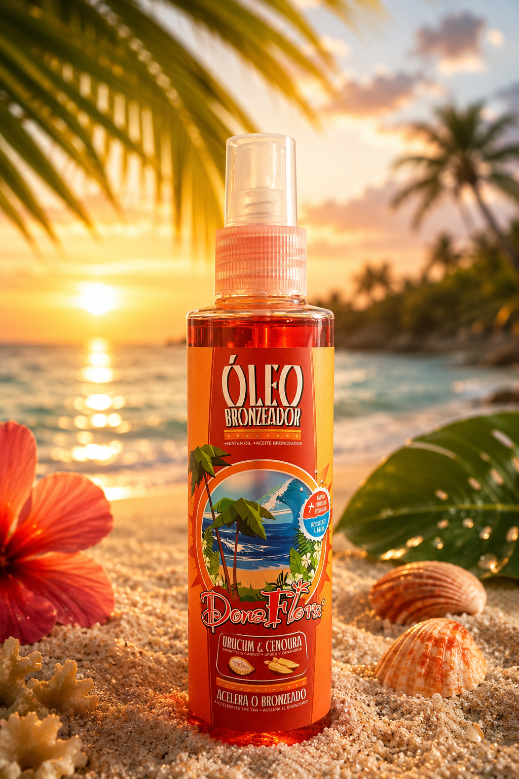Frasco de óleo bronzeador Dona Flor em praia ao pôr do sol