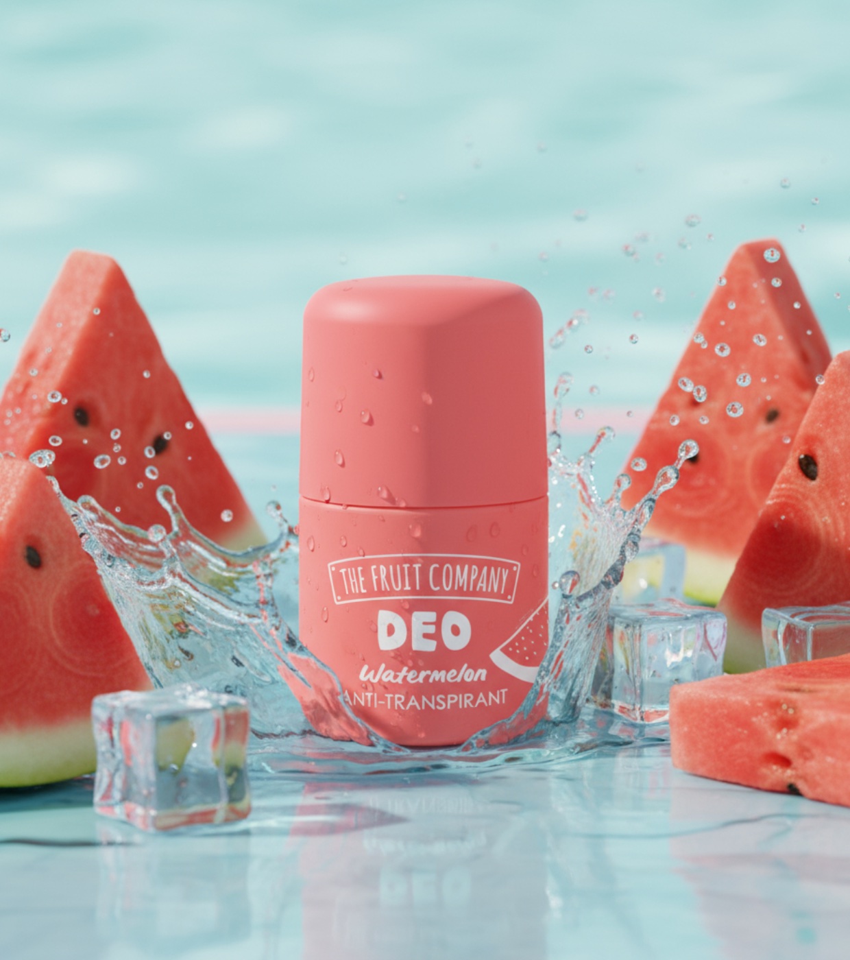Desodorizante roll-on rosa com melancias e cubos de gelo em fundo azul claro