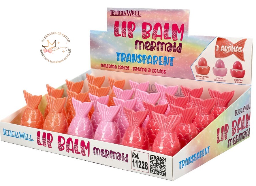 Batons para lábios em caixa com forma de cauda de sereia em três cores