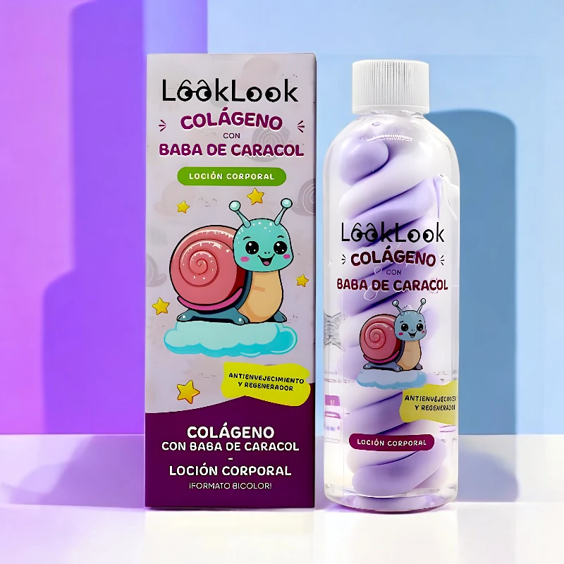 Loção corporal LookLook Colágeno com Baba de Caracol em embalagem roxa e branca com caracol desenhado