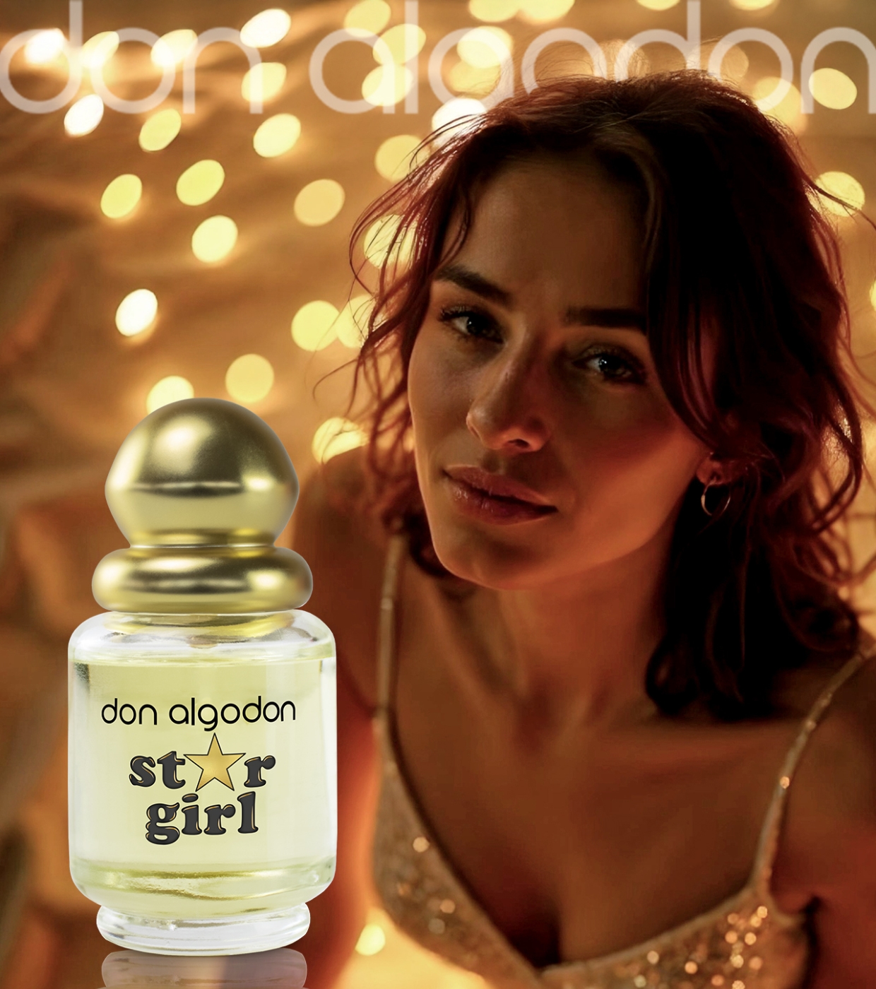 Frasco de perfume don algodon star girl e mulher em vestido brilhante