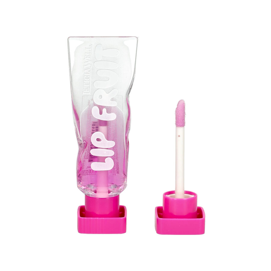 Embalagem de lip gloss transparente com líquido rosa e aplicador rosa ao lado