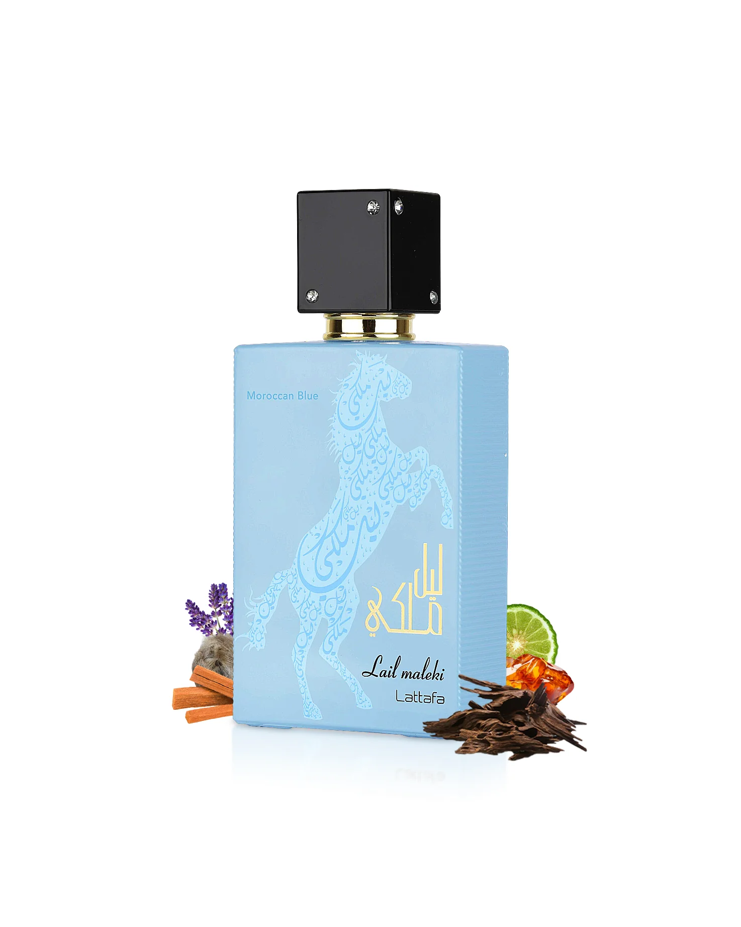 Frasco azul claro de perfume Lail Maleki Lattafa com tampa preta e desenhos de cavalo.
