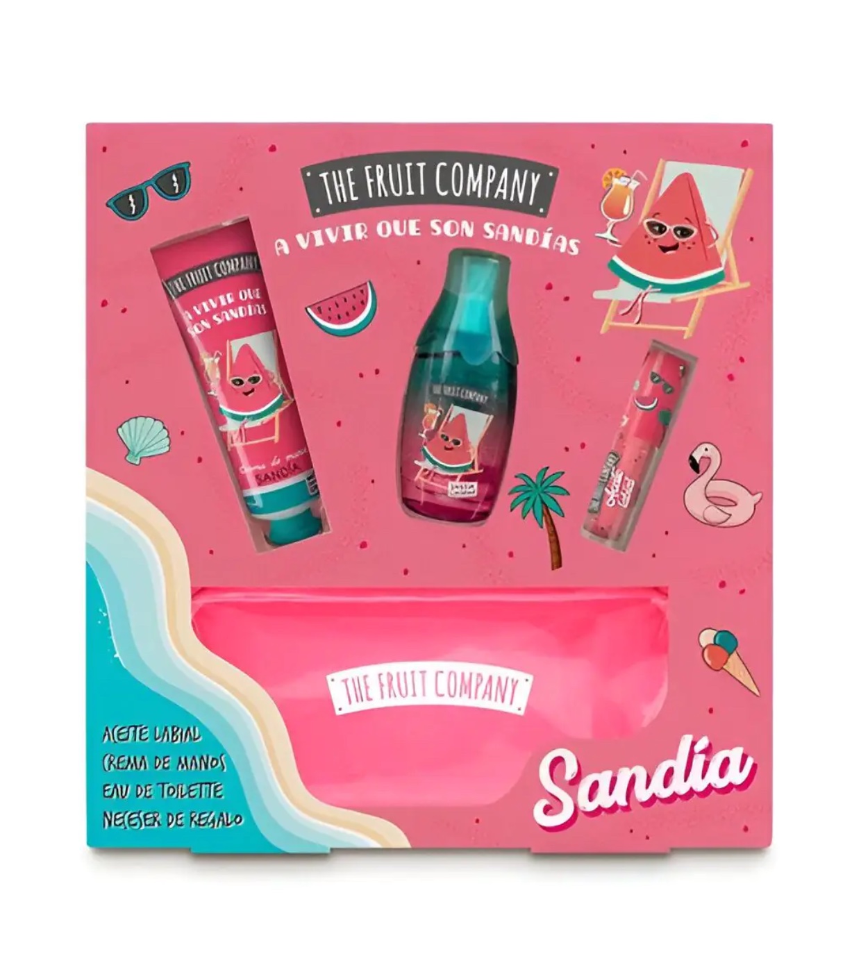 Conjunto The Fruit Company Sandía com creme de mãos, óleo de toilette, néctar labial e necessaire cor-de-rosa