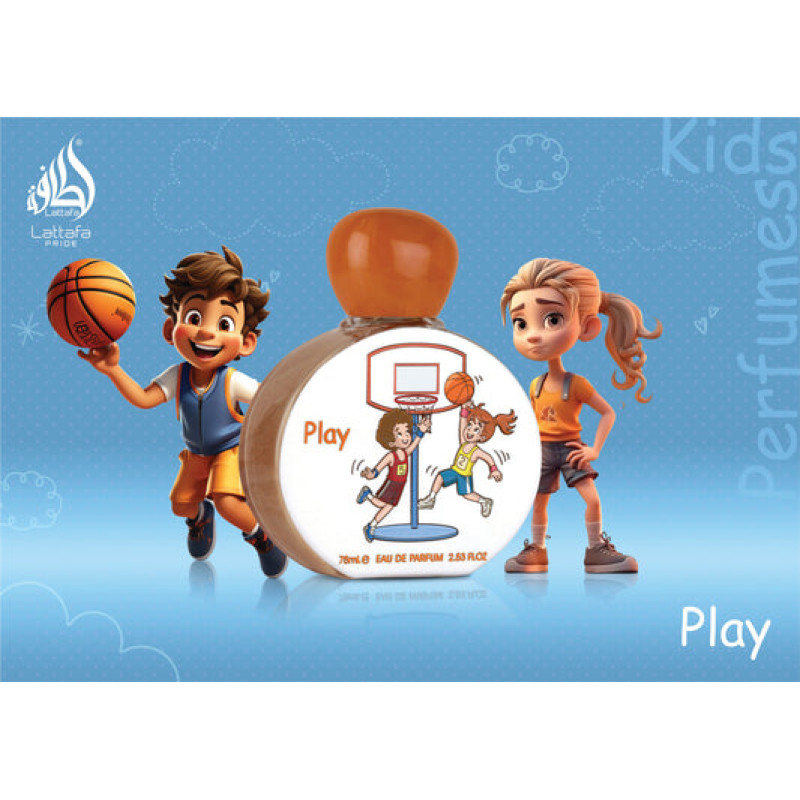 Frasco de perfume infantil com ilustração de basquetebol e personagens animadas em fundo azul