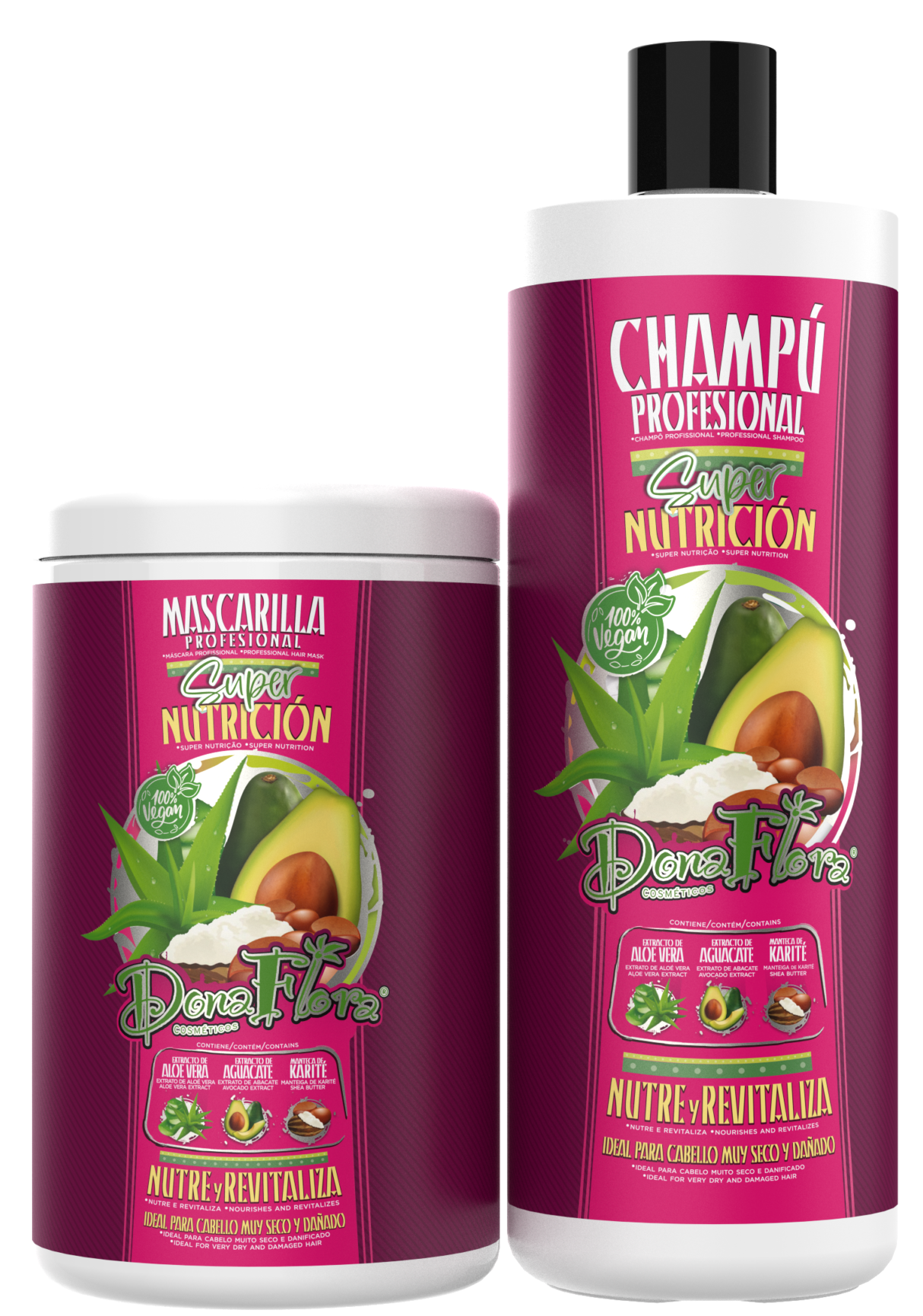 Frascos de champô e mascarilla Dona Flora com rótulos roxos e verdes com abacate e aloé vera.
