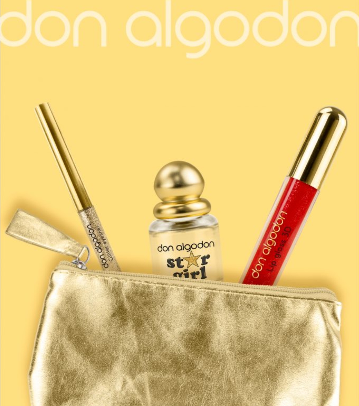 Estojo dourado com maquilhagem don algodon sobre fundo amarelo