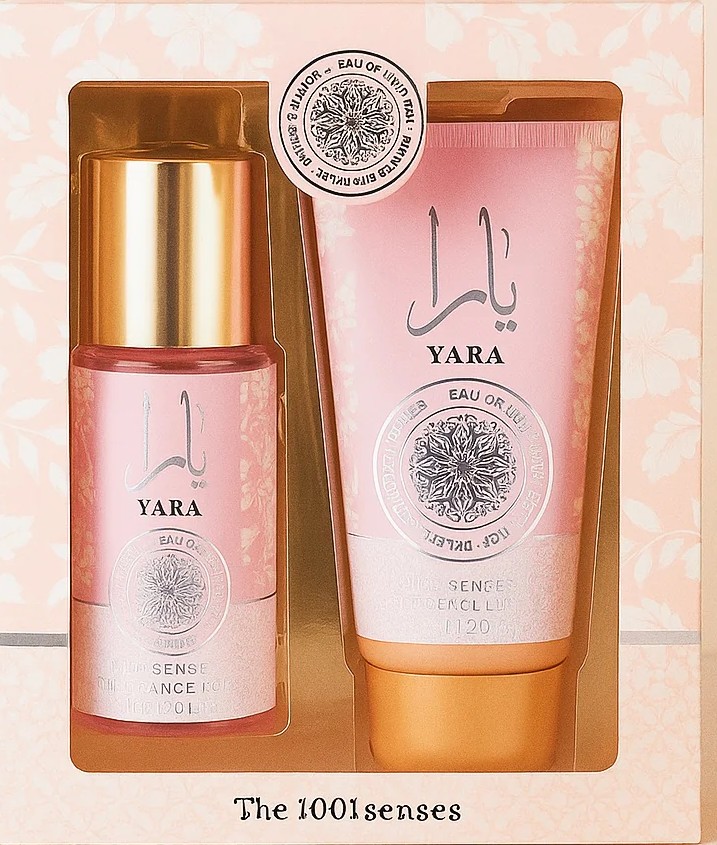 Conjunto de beleza YARA com frasco e tubo em embalagem rosa e dourada