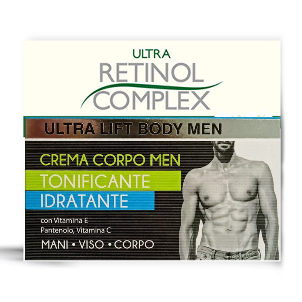 Embalagem de creme corporal para homem com textos e imagem de torso masculino