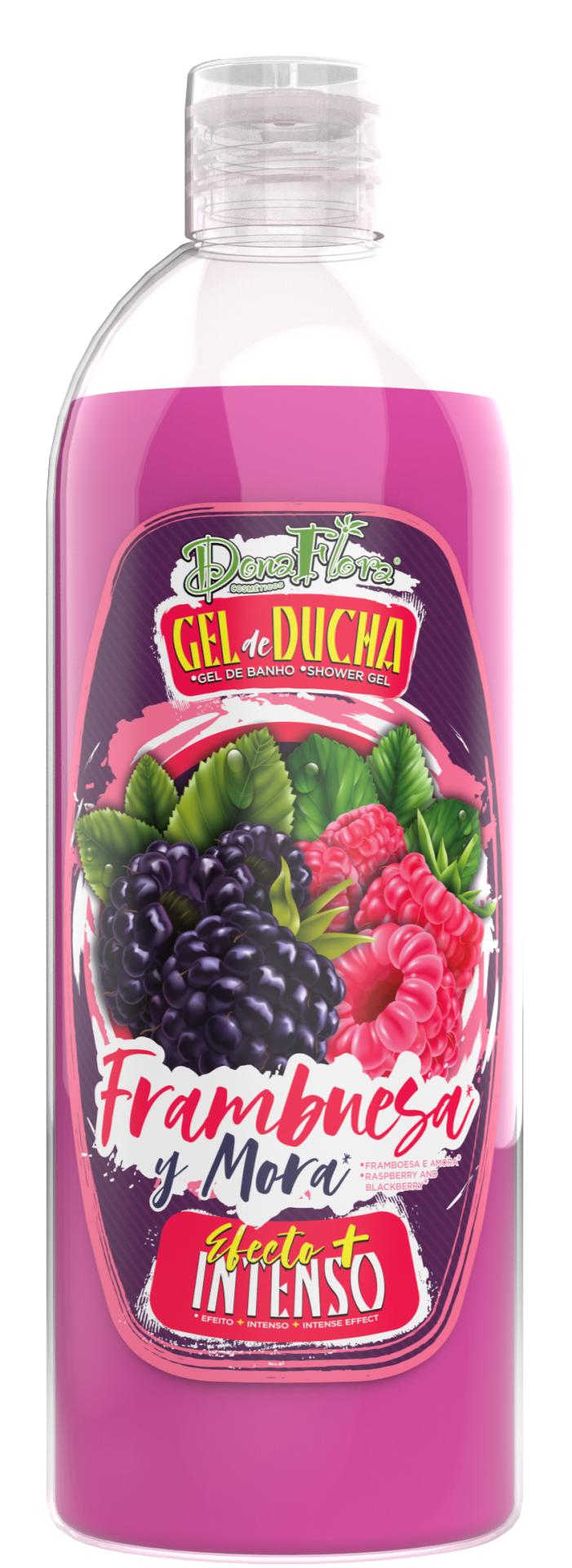 Frasco de gel de duche cor rosa com rótulo de frutas vermelhas e texto em espanhol e português.