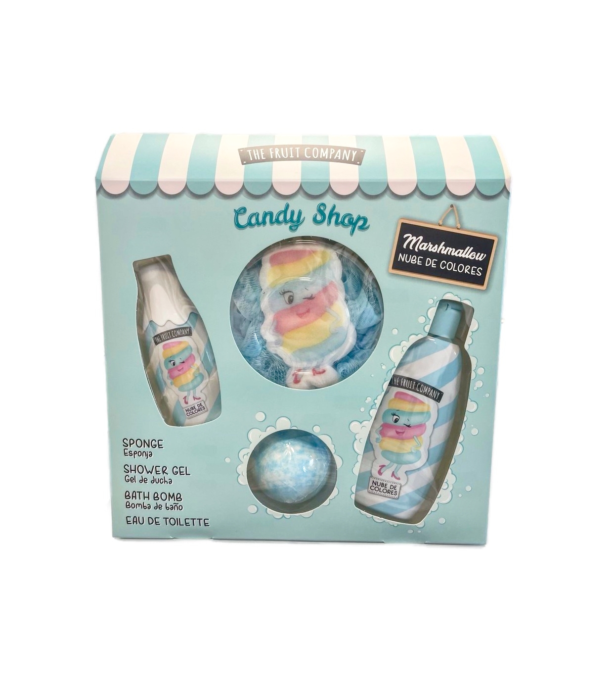 Conjunto Candy Shop com esponja, gel de duche, bomba de banho e eau de toilette