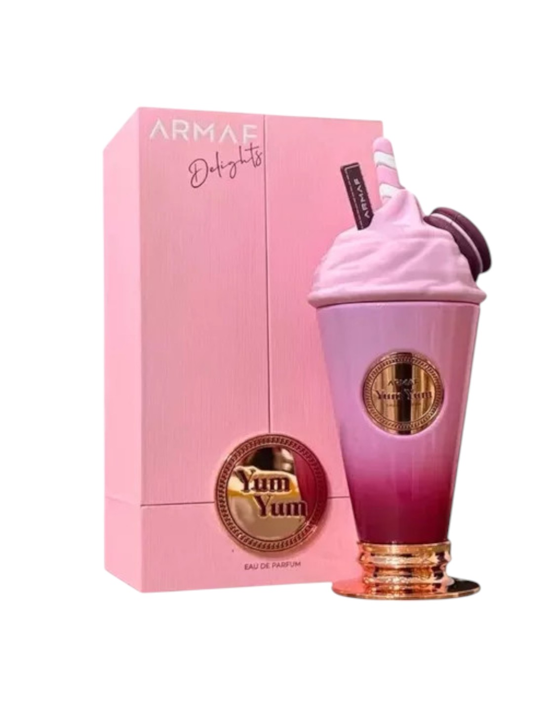 Perfume ARMAF Delights Yum Yum com embalagem e frasco cor-de-rosa decorados.