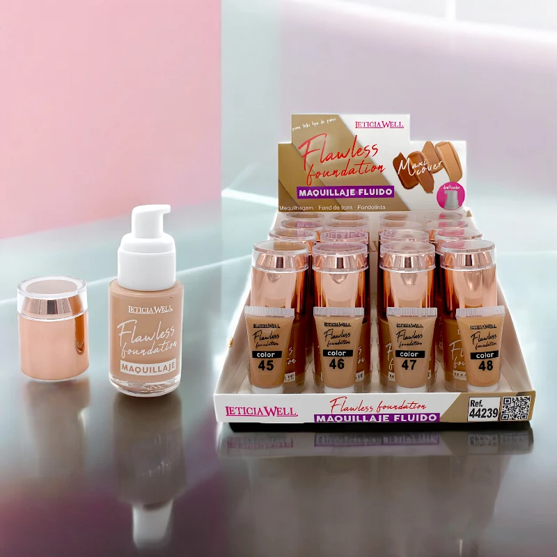 Frascos de base líquida PETICAWELL em expositor com 4 tons