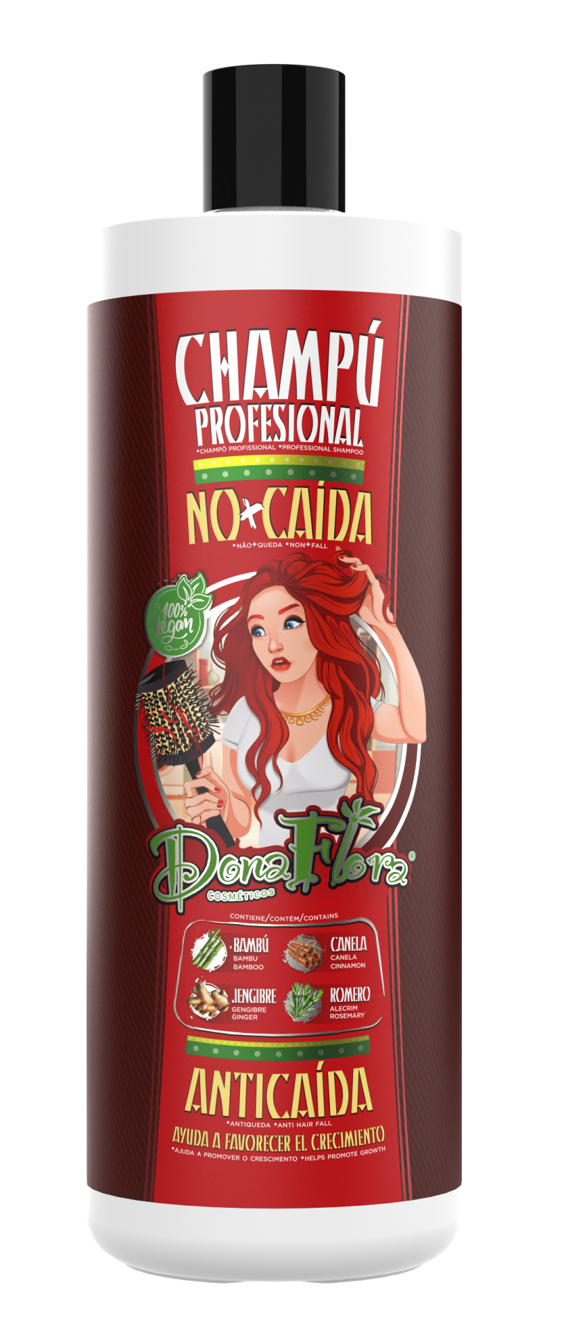 Frasco de champô profissional antiqueda Dona Flora com rótulo vermelho e ilustração de mulher ruiva