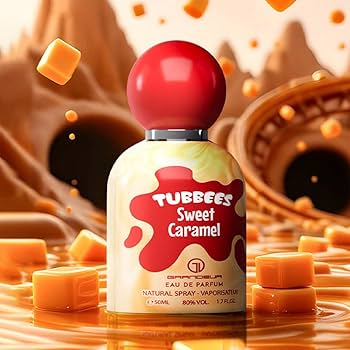 Frasco de perfume Tubbee's Sweet Caramel com tampa vermelha e caramelos ao redor